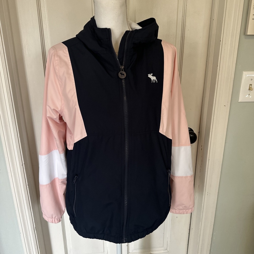 Abercrombie Kids Girls 15/16 Colorblock Lined Hooded Windbreaker Navy Pink